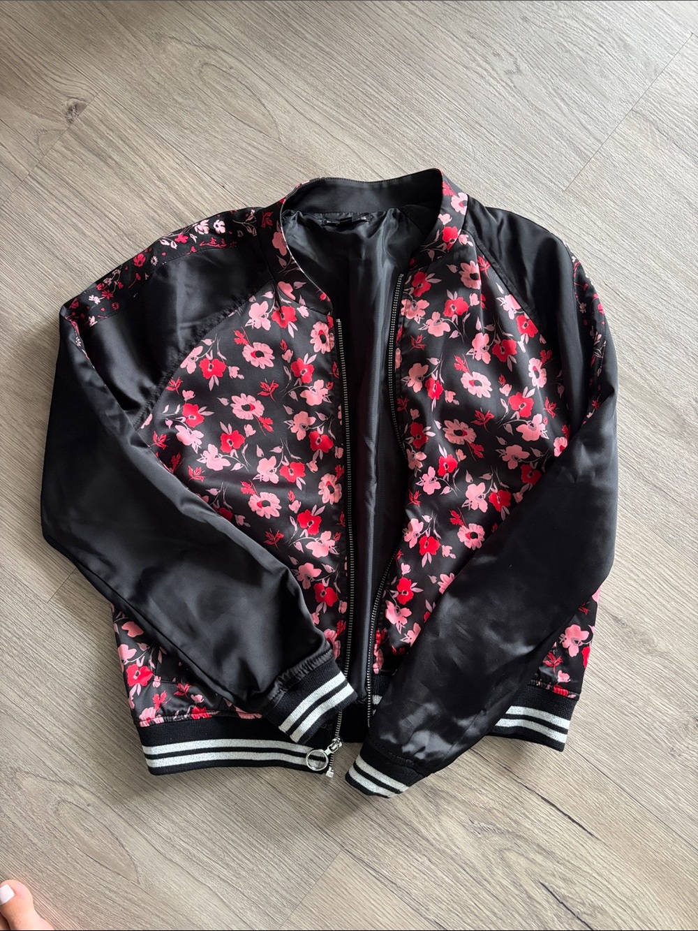 Express Black Bomber Jacket with Pink & Red Floral Panels